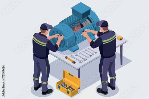 Skilled technicians professionally repairing complex industrial machinery with tools and equipment ensuring peak operational performance