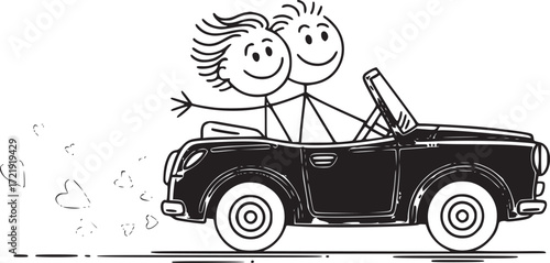 Romantic Getaway in a convertible car: A joyous stick figure couple embarks on a romantic journey in a classic convertible car, their hearts filled with love and excitement.