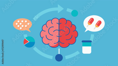 A detailed illustration of a brain with arrows pointing to areas that are affected by certain medications. A weekly pill organizer is shown nearby indicating the importance of. Vector illustration