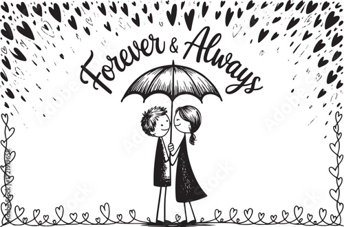 Forever & Always: A sweet embrace of two figures under an umbrella, surrounded by hearts, embodies the eternity of love and togetherness.