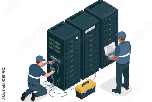 It professionals maintain server racks data center technicians working on network equipment for cloud computing and data management solutions