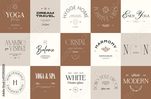 Minimal logo design collection. Logotypes for beauty, cosmetic brand, wedding agency, yoga studio, flower boutique, clothing stores brand identity.