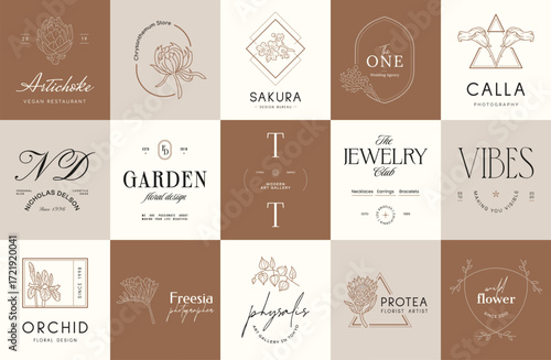 Minimal logo design collection. Logotypes for beauty, cosmetic brand, wedding agency, yoga studio, flower boutique, clothing stores brand identity.