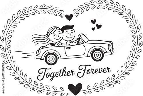 Together Forever: A charming illustration depicts a joyful couple in a vintage car, encircled by a delicate floral wreath and celebrating eternal love and commitment.