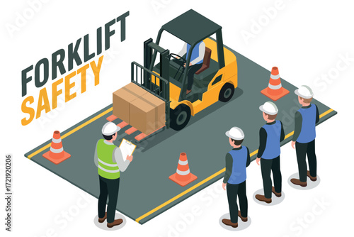 Forklift safety training scene with operators and workers demonstrating proper material handling procedures