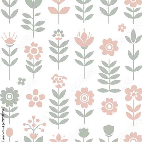 A charming and elegant vector pattern featuring scattered geometric floral motifs in a soft color palette of grey and blush pink on a white background, perfect for various design applications