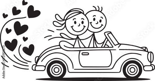 Love on the Road: A whimsical illustration captures a stick figure couple embarking on a journey of love in a classic convertible car, with hearts trailing in their wake. 