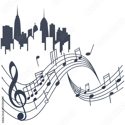 Illustration of a cityscape with musical notes flowing in front of it, creating a harmonious blend of urban scenery and musical expression