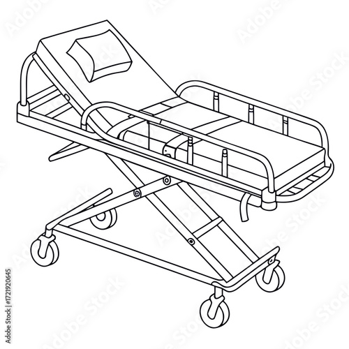 Illustration of a hospital bed or gurney with a pillow, the bed is shown in a simple, black and white line drawing style, perfect for medical or healthcarerelated designs