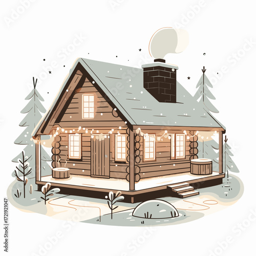 Winter cabin with lights