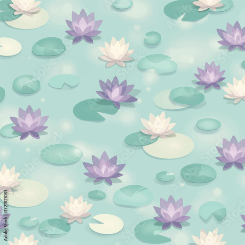 A tranquil pond scene featuring blooming pastel water lilies and lily pads, presented as a sophisticated seamless vector floral pattern