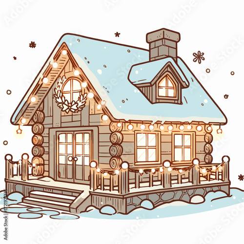 Winter cabin with lights