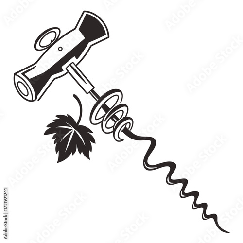 Black and white illustration of a corkscrew with a grape leaf on a white background Keywords: corkscrew, wine, bottle opener, barware, kitchen utensil, tool, object, illustration, drawing, sketch