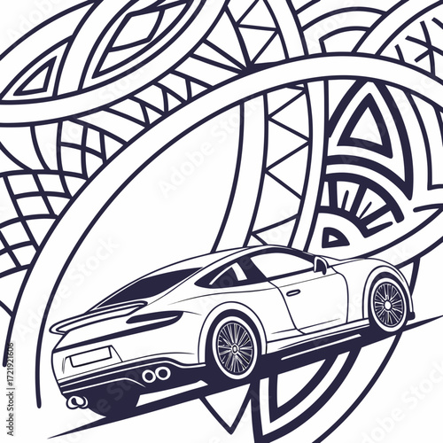 Vector art of a sleek sports car is depicted in a stylized line drawing, set against an abstract background of tribalinspired patterns, creating a modern yet culturally influenced design