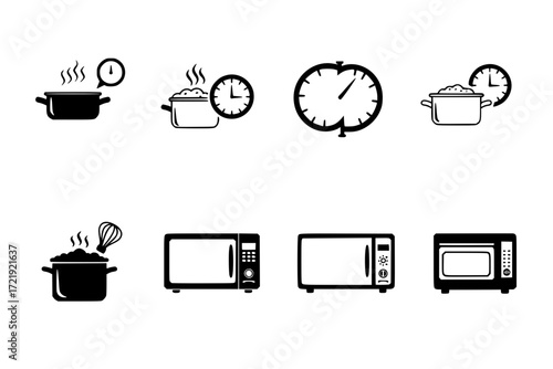 Cooking type and cooking time icon. The cooking time for food in a saucepan, microwave and oven. Instructions for packaging food products. Isolated vector elements. 
