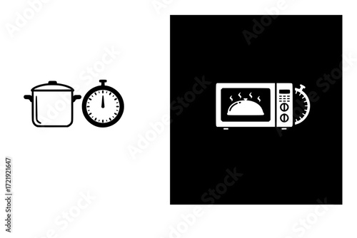 Cooking type and cooking time icon. The cooking time for food in a saucepan, microwave and oven. Instructions for packaging food products. Isolated vector elements. 
