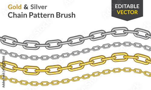 Gold & Silver Chain Pattern Brush Vector Set Editable Interlinked Designs for Fashion & Jewelry Luxury Graphic Elements for Digital Design Projects