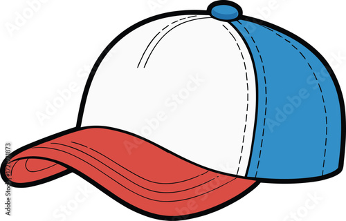 Baseball cap illustration, red brim, white front panel, blue side design, casual fashion accessory, vector drawing, sporty cartoon headwear