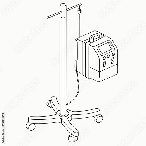 Vector art of an iv infusion pump on a stand, used for controlled delivery of intravenous fluids and medications, depicted in a clean, technical line drawing style