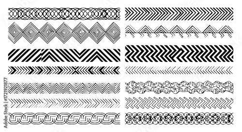 Collection of decorative border and frame design elements with repeating patterns, for graphic projects