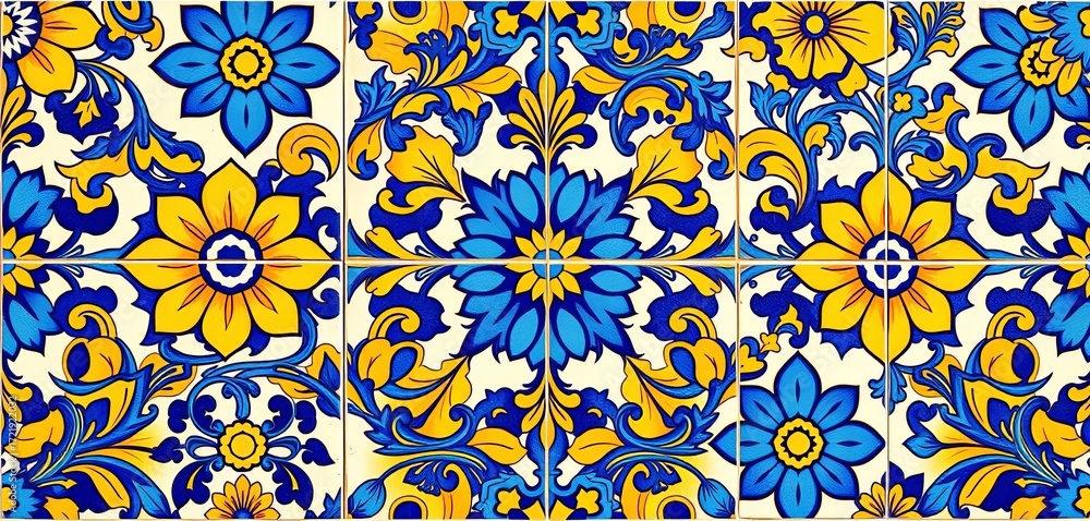 Fototapeta premium Intricate floral pattern in vibrant blues and yellows, handcrafted Spanish ceramic tile, Andalusian, texture