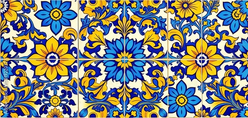 Intricate floral pattern in vibrant blues and yellows, handcrafted Spanish ceramic tile,  Andalusian,  texture