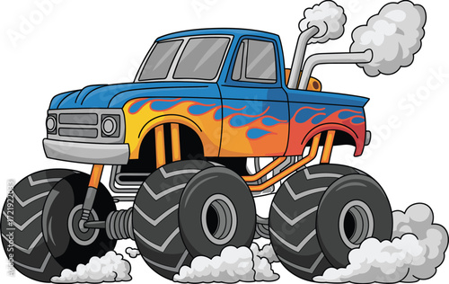 Cartoon monster truck illustration, flame decal vehicle, off-road stunt car, big wheels, smoke exhaust, vector drawing, racing, kids entertainment