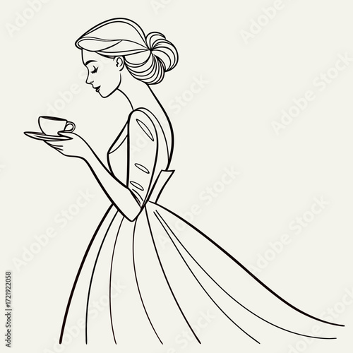 Vector art of elegant woman in a gown holding a teacup, the woman exudes sophistication and grace, with her refined posture and the delicate teacup adding to the overall aesthetic appeal