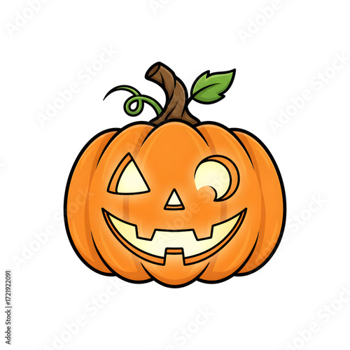 A playful, cartoon jack-o'-lantern with a winking face and a curly vine. This charming illustration adds a whimsical touch to any Halloween or autumn design.