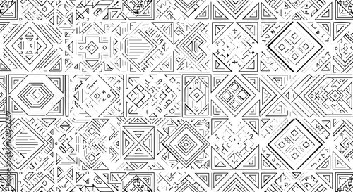 Abstract geometric pattern with intricate line art and square motifs in black and white