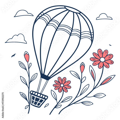 Vector art of whimsical line art illustration featuring a hot air balloon soaring amidst blooming flowers and fluffy clouds, evoking a sense of adventure, joy, and the beauty of nature