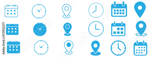 time location calendar icon set. Address, notification bell. clock sign. location pin signs. Calendar icon symbol. Location place, date reminder. Vector