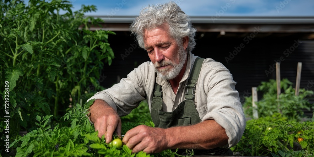 Fototapeta premium Micro farming for seniors concept. Elderly man tending to plants in a garden setting.
