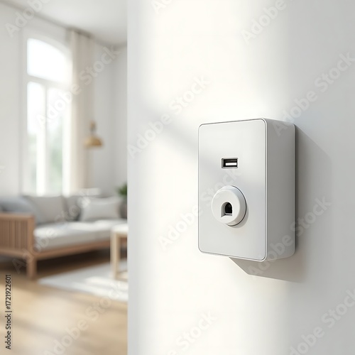 Modern USB-C wall outlet in bright minimalist living room