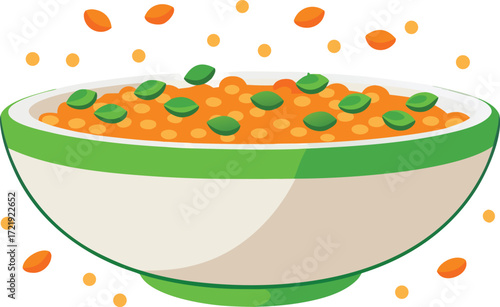 Bowl of Orange Lentils Topped with Green Peas food
