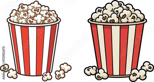 Cartoon popcorn container illustration, striped box design, movie snack drawing, fluffy kernels, vector food art, cinema treat, hand drawn style