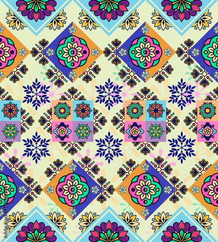 Vibrant Floral Diamond Ethnic Pattern. Bright Boho Seamless Textile. Colorful Indian Mandala Fabric. Abstract Mexican Tile Wallpaper. Summer Festival Vector Background.