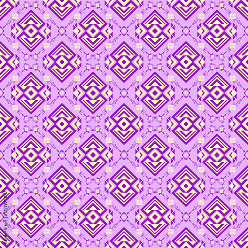 Vibrant Purple and Yellow Ethnic Pattern. Lilac Geometric Diamond Seamless Textile. Abstract Tribal Folk Art Wallpaper. Bold Boho Fabric Print. Hmong Vector Background.