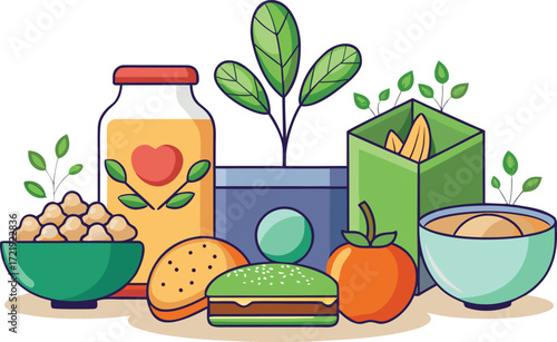 Assortment of healthy food items and drinks snacks