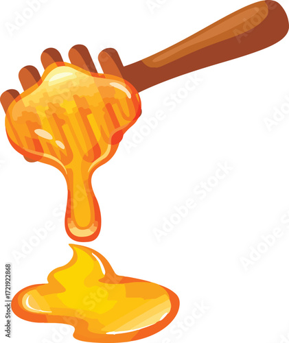 Honey dripping from a wooden honey dipper onto a white background