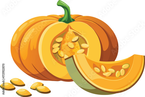 Whole pumpkin with a slice and scattered seeds on white background