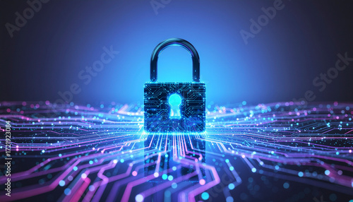 Wallpaper Mural Cybersecurity concept, digital padlock over abstract background, neon blue colours Torontodigital.ca