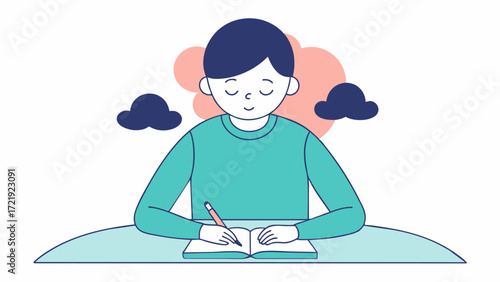 A person with their eyes closed taking deep breaths as they color in a page of their mindfulness coloring book. The act of coloring in a repetitive pattern helps them clear their. Vector illustration