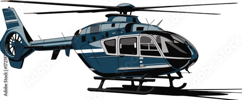 Modern helicopter side view, realistic rotor aircraft illustration, aviation transport vector, blue chopper design, technical drawing, commercial flight concept