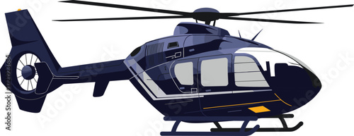 Modern helicopter vector, blue aircraft side view, rotor blades, cockpit windows, emergency aviation design, technical drawing, realistic transport illustration