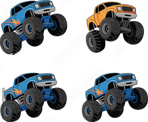 Monster truck cartoon set, colorful off-road vehicles, flame decals, big wheels, vector stunt cars, dynamic racing illustration, kids entertainment design
