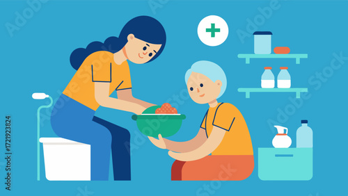 A dedicated home health aide gently helps a patient with traumatic brain injury relearn basic life skills such as eating dressing and using the bathroom.. Vector illustration
