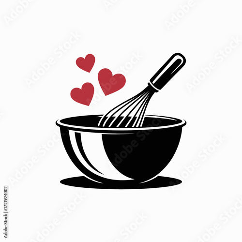 Mixing Bowl with Whisk and Hearts Icon for Cooking and Baking Love Design