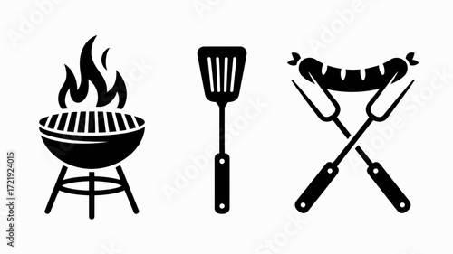 Barbecue Grill with Spatula and Sausages Icon for BBQ and Outdoor Cooking Design