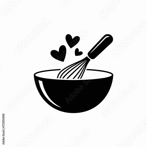 Mixing Bowl with Whisk and Hearts Icon for Cooking and Baking Love Design